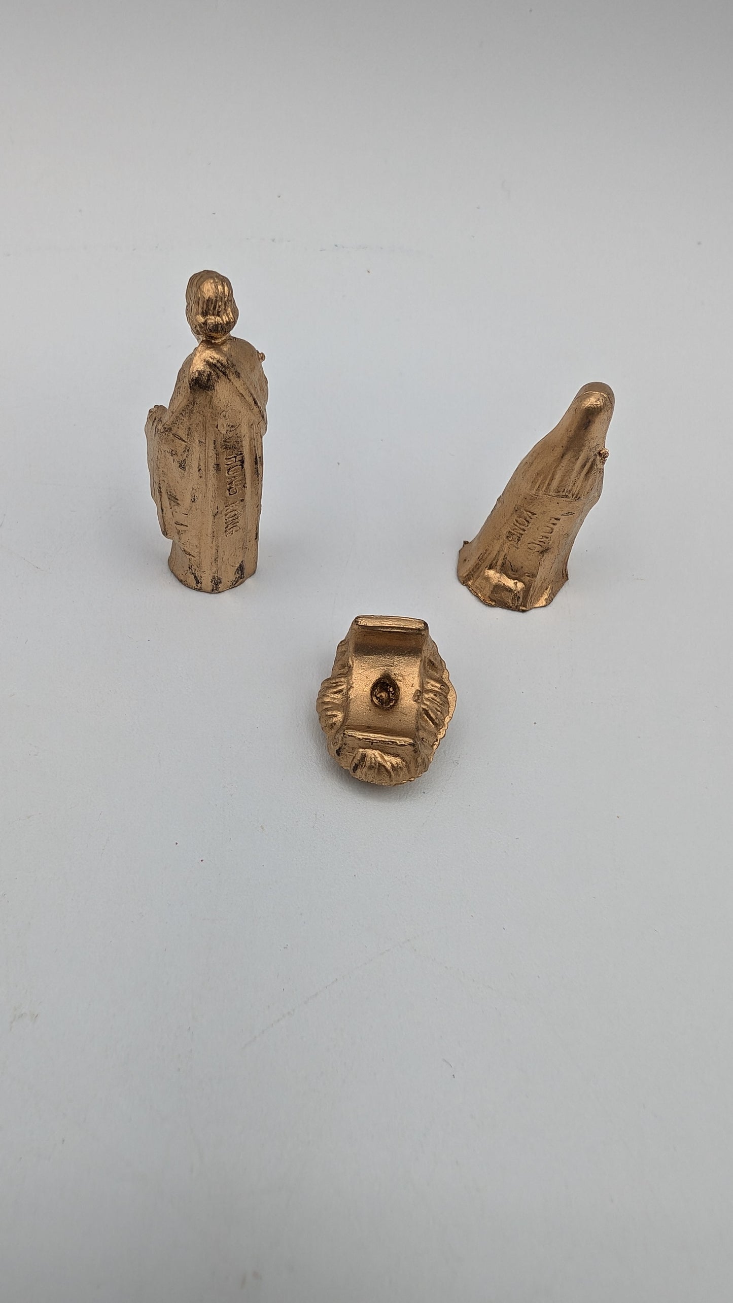 Vintage Miniature Nativity 3 Piece Mary Joseph Jesus 1.75" Plastic Gold