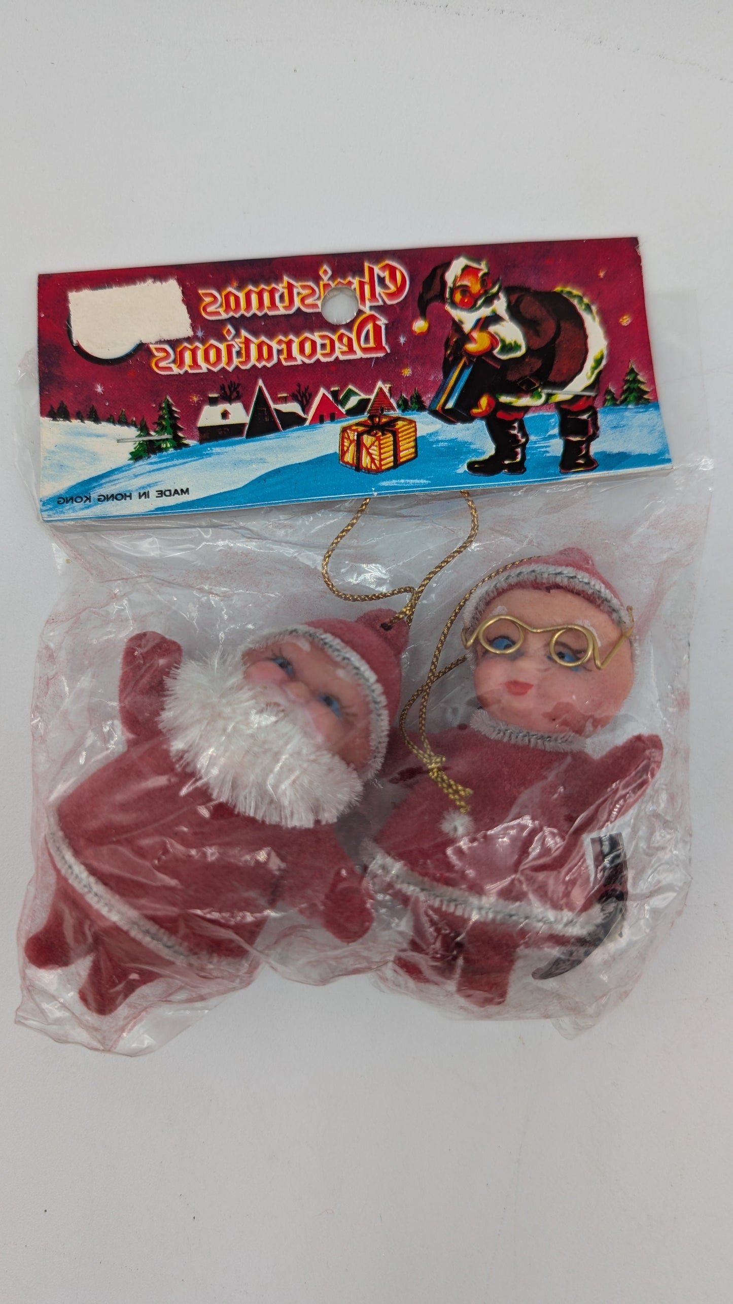 Vintage 3" Flocked Mr and Mrs Santa Clause Ornaments New Old Stock