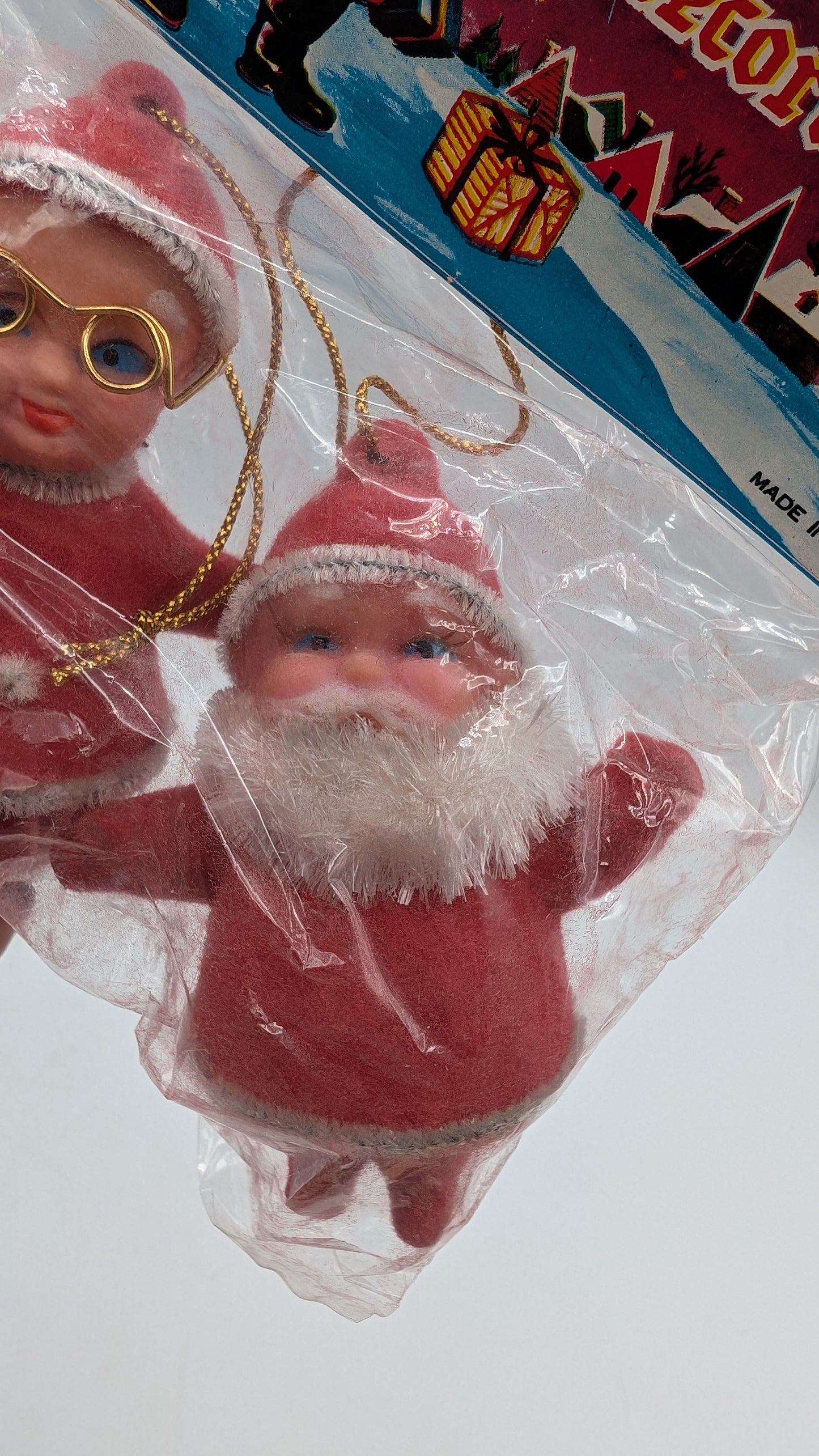 Vintage 3" Flocked Mr and Mrs Santa Clause Ornaments New Old Stock