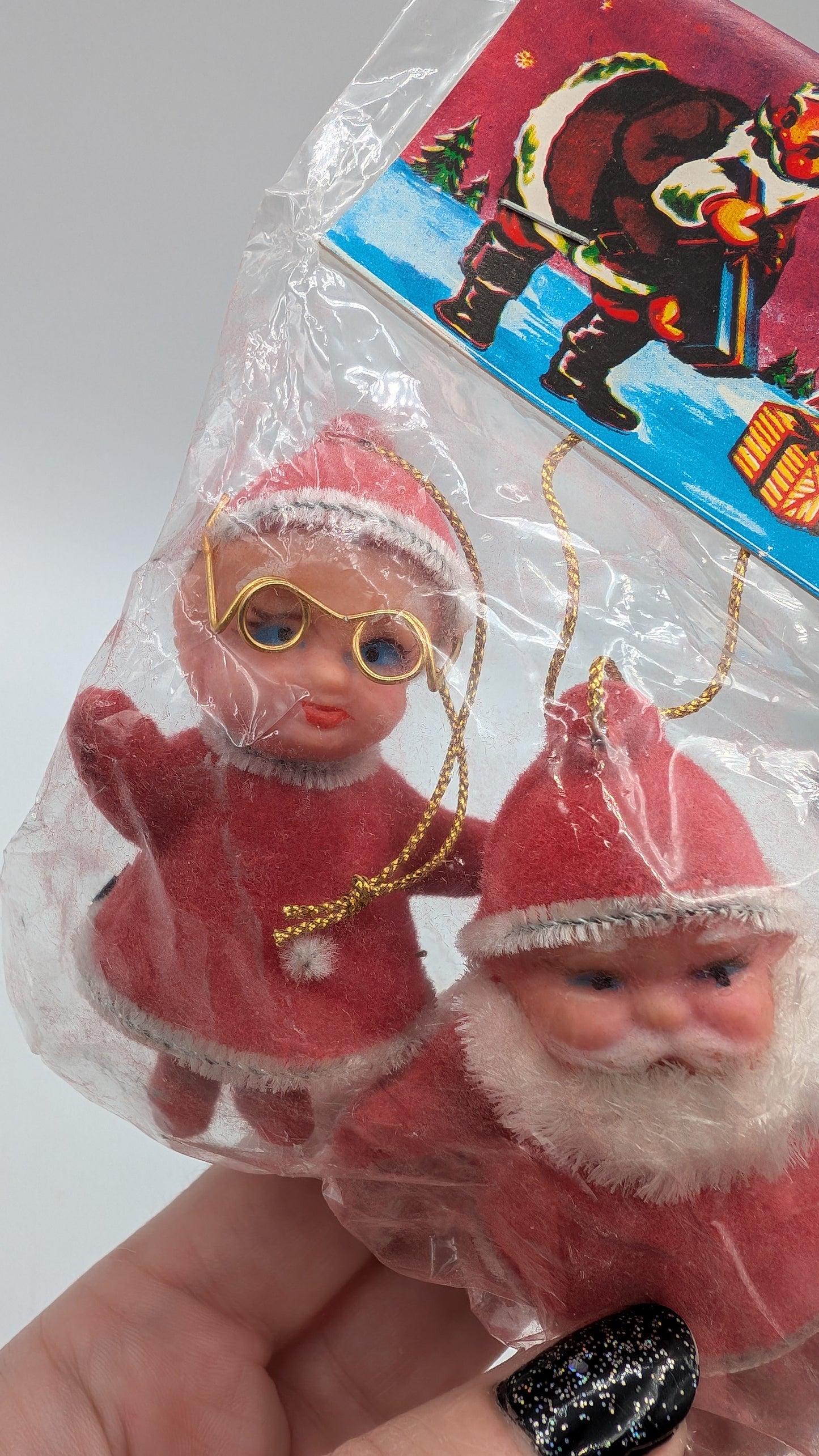 Vintage 3" Flocked Mr and Mrs Santa Clause Ornaments New Old Stock