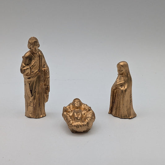 Vintage Miniature Nativity 3 Piece Mary Joseph Jesus 1.75" Plastic Gold