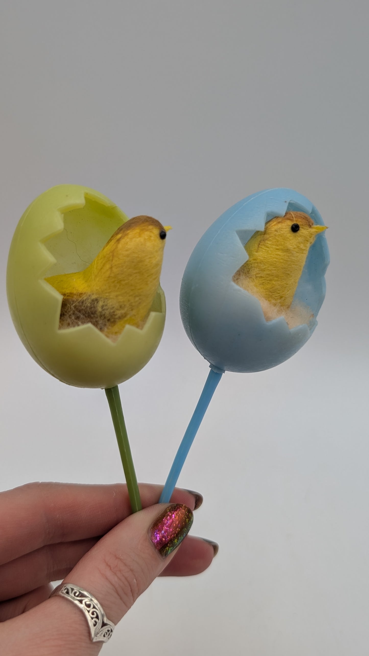Vintage Spun Cotton Easter Chick Picks – Mid-Century Japan Cracked Egg Floral Picks