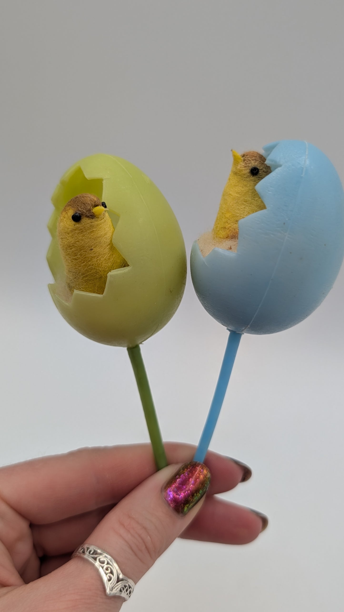Vintage Spun Cotton Easter Chick Picks – Mid-Century Japan Cracked Egg Floral Picks